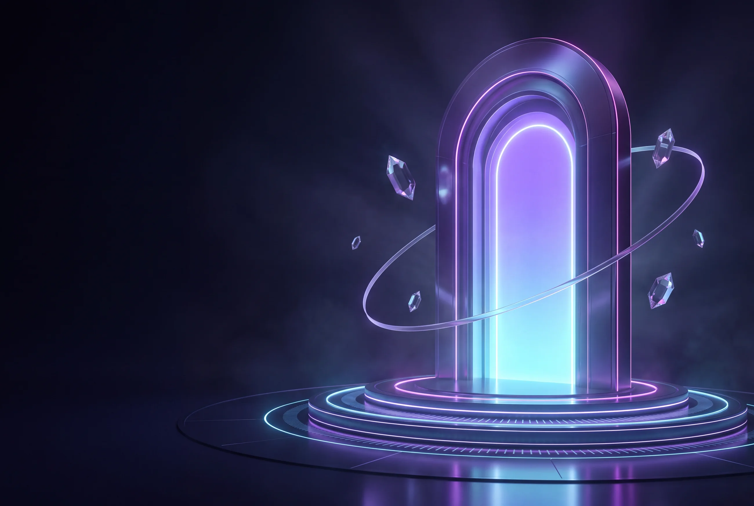 Original luminous portal into a futuristic trading command environment