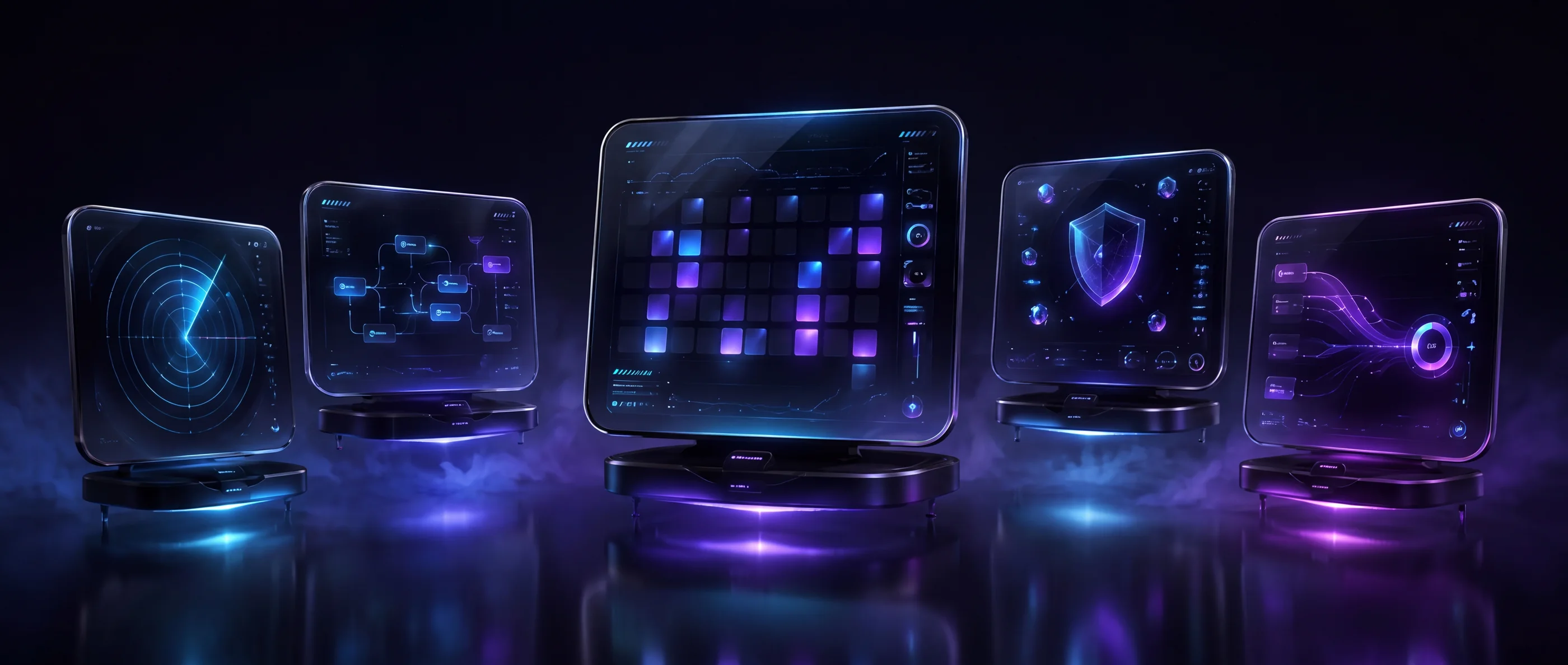 Five original futuristic control modules representing the trading product suite